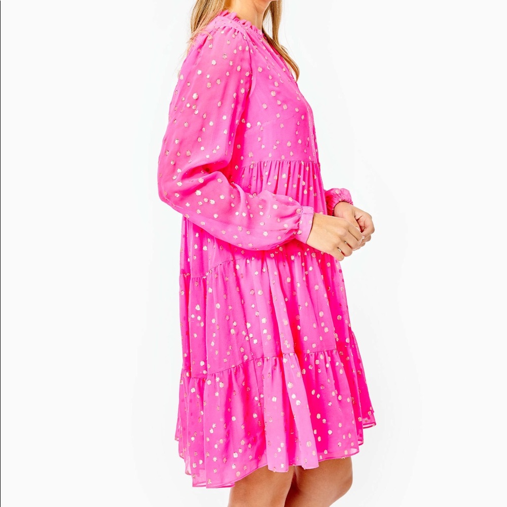 Lilly Pulitzer Hot Pink Tiered Long-Sleeve V-Neck Dress with Gold Dots - Picture 4 of 8